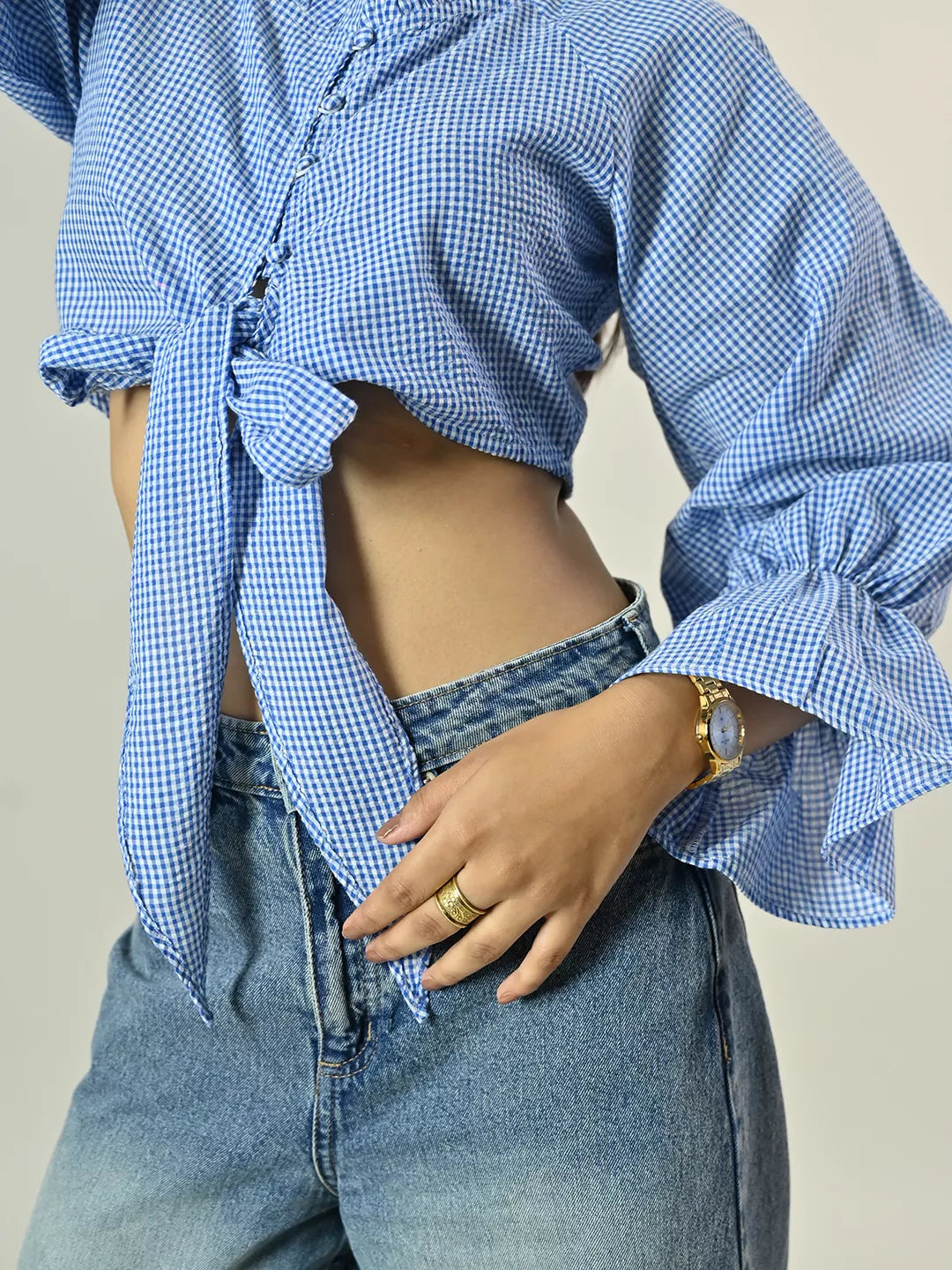 Blue Check Crop Tie Top