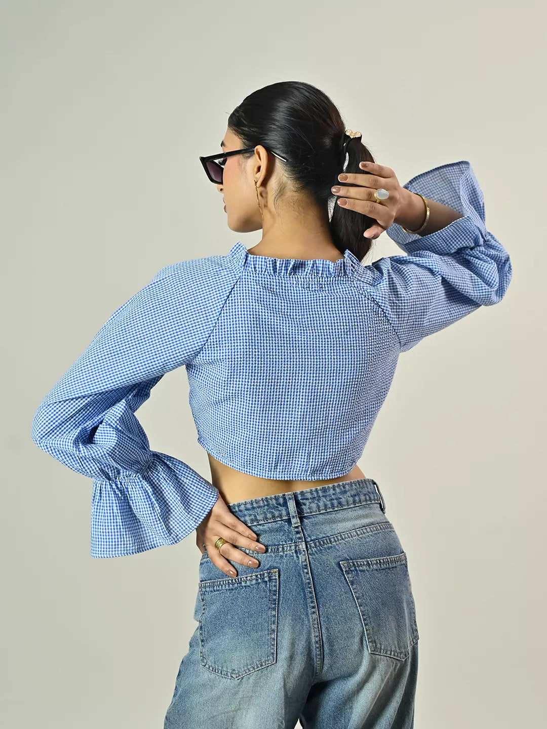 Blue Check Crop Tie Top