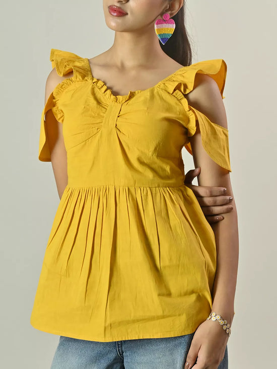 Yellow Frill Sleeve Peplum Top