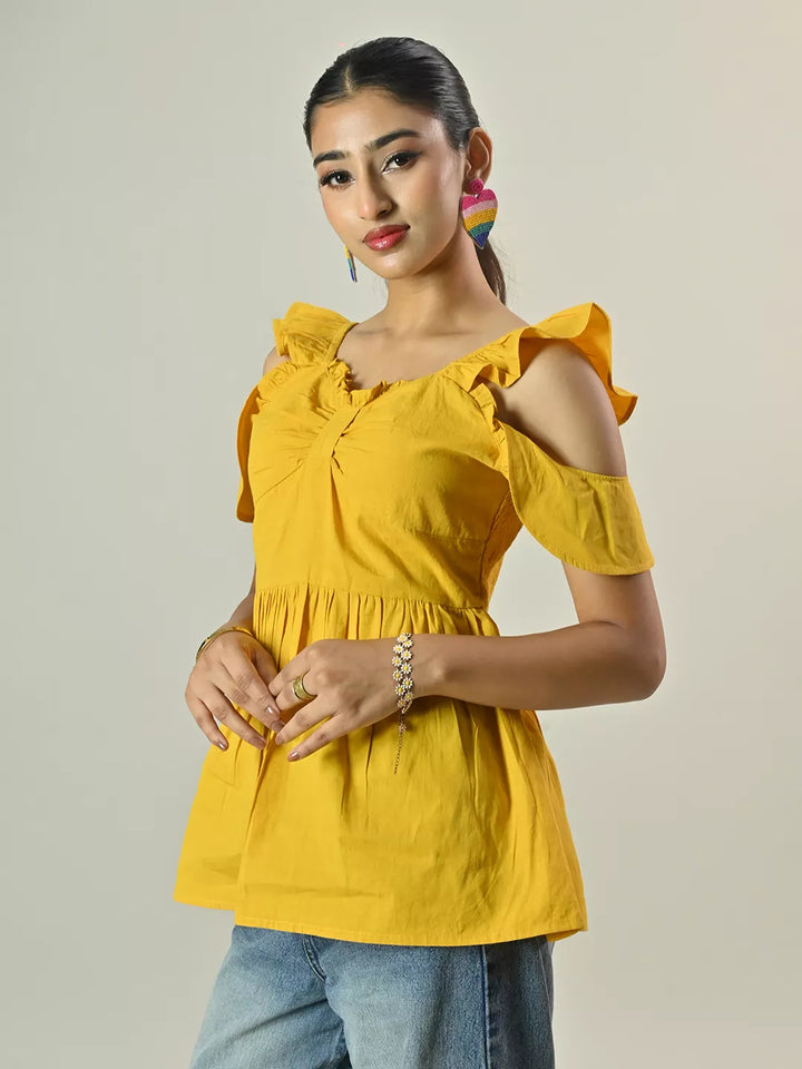 Yellow Frill Sleeve Peplum Top