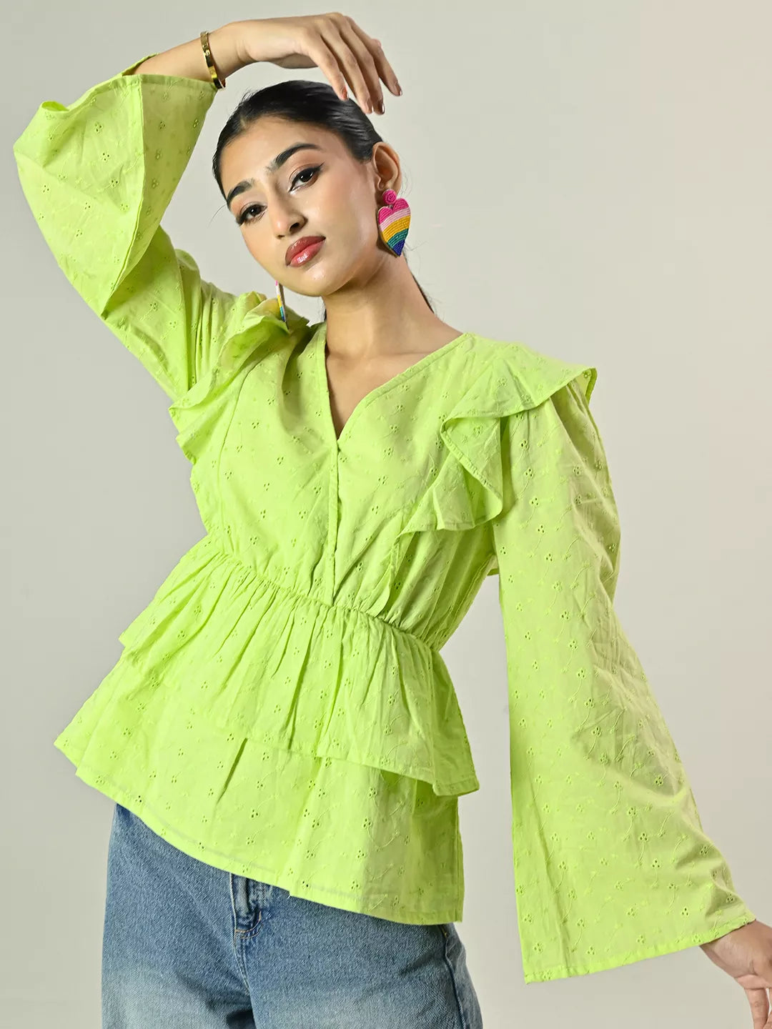 Green Schiffli Peplum Top