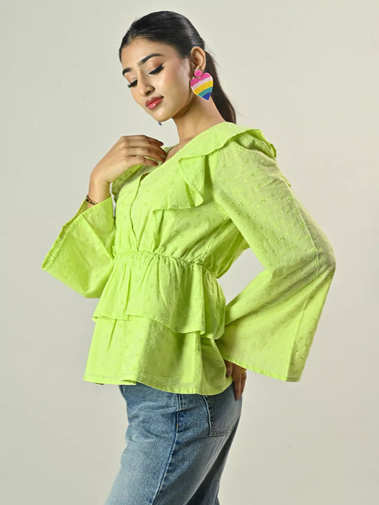 Green Schiffli Peplum Top