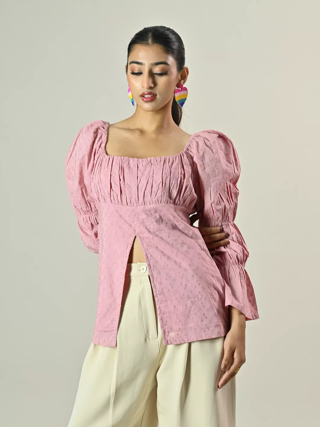 Pink Schiffli Peplum Top
