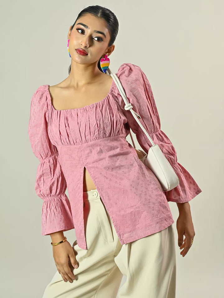 Pink Schiffli Peplum Top