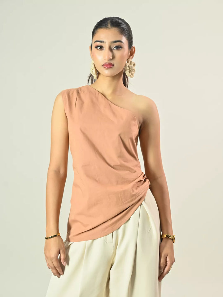 Brown One Shoulder Buckel Top