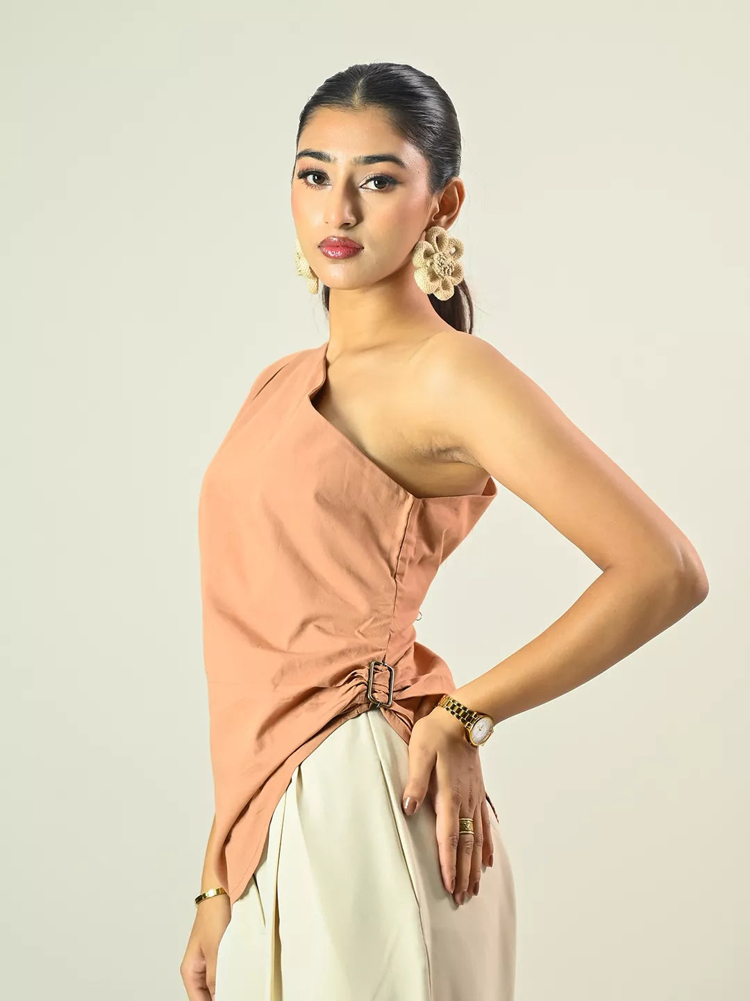 Brown One Shoulder Buckel Top
