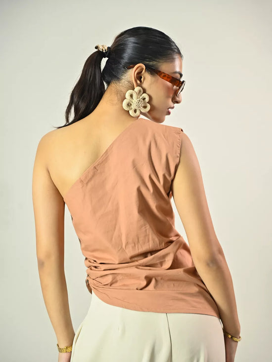 Brown One Shoulder Buckel Top