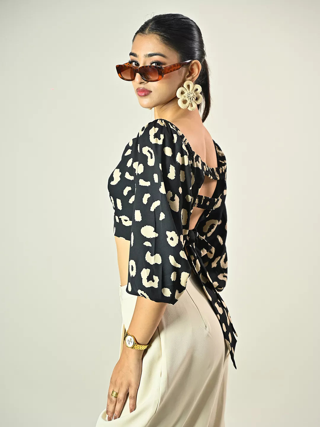 Black Leopard Print Back Cut Out Top