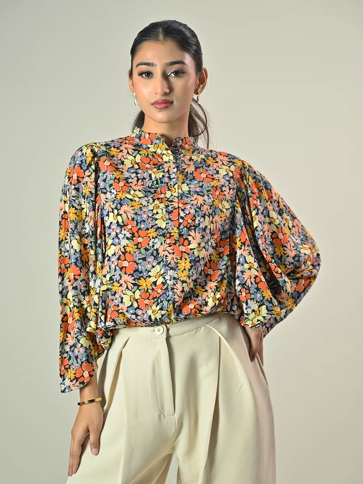 Black Printed Batwings Seleeve Top