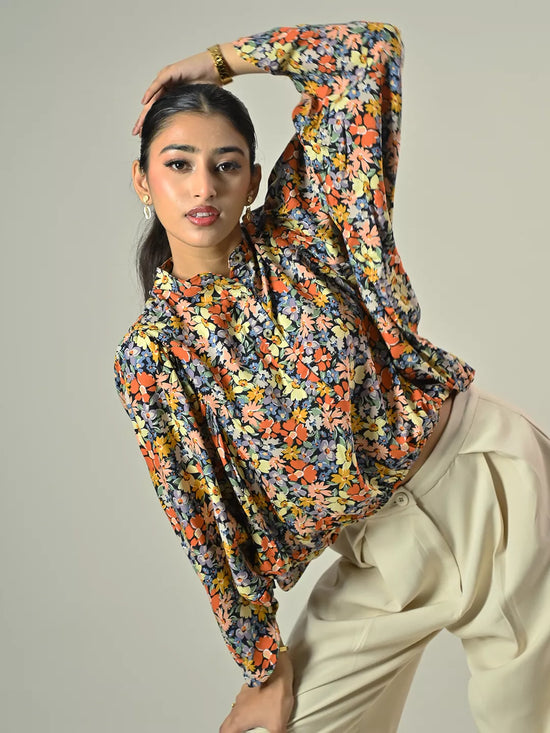 Black Printed Batwings Seleeve Top