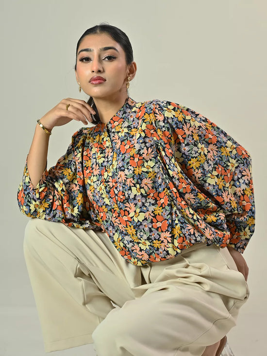 Black Printed Batwings Seleeve Top