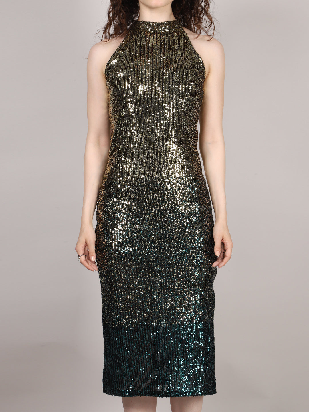 GOLDEN AND GREEN SEQUINS HALTER NECK MIDI DRESS