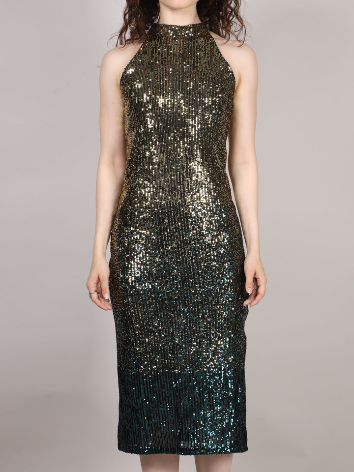 Golden And Green Sequins Halter Neck Midi Dress