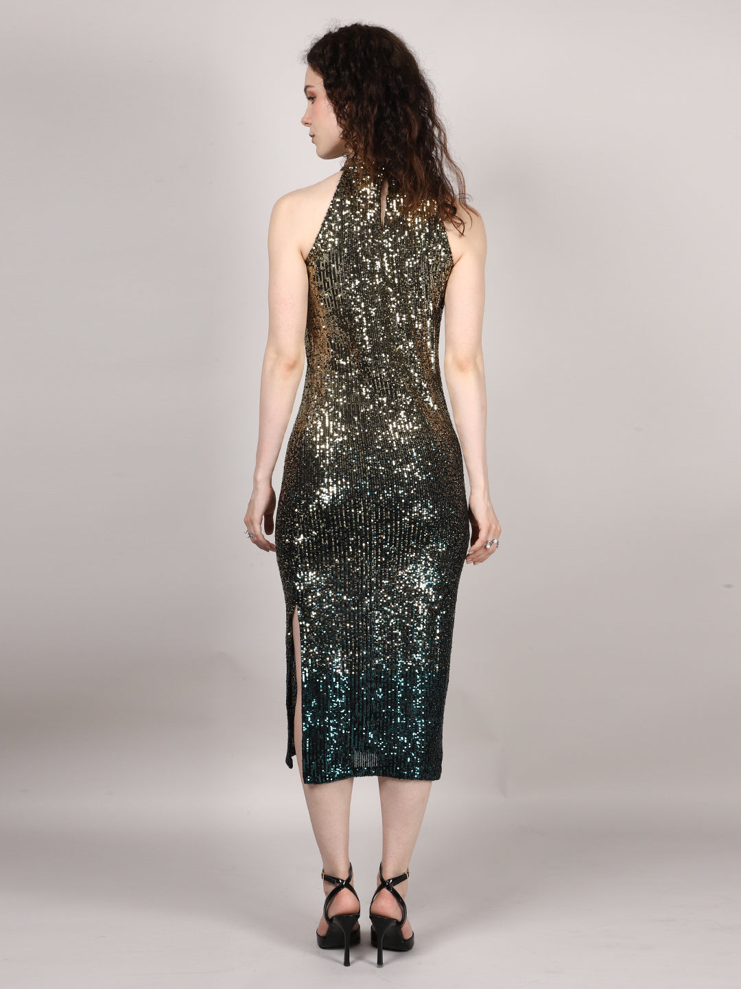 Golden And Green Sequins Halter Neck Midi Dress