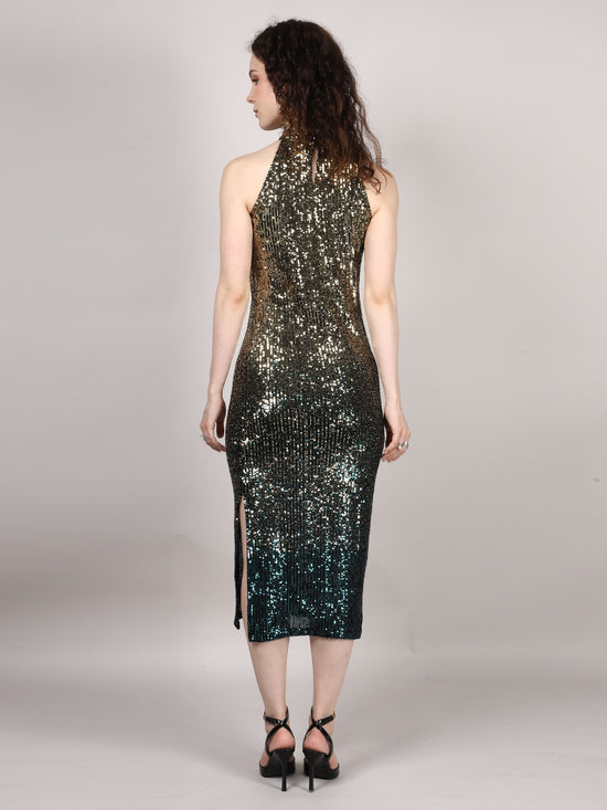 Golden And Green Sequins Halter Neck Midi Dress