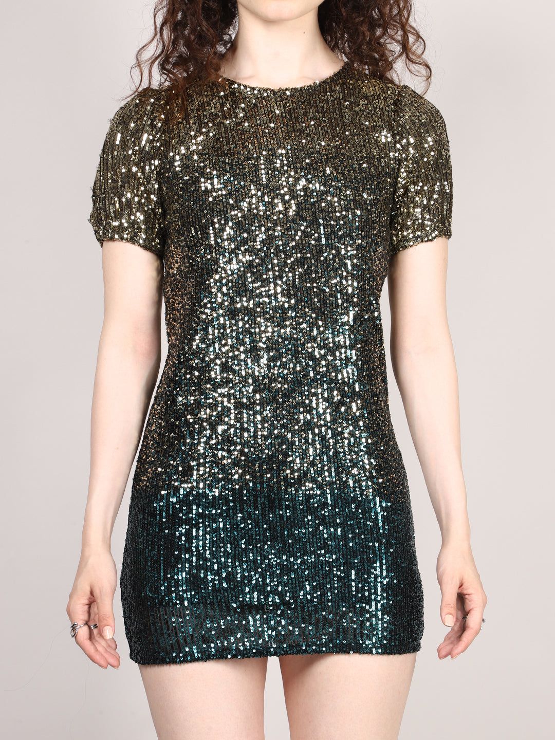 GREEN SEQUINS PUFF SLEEVE MINI DRESS