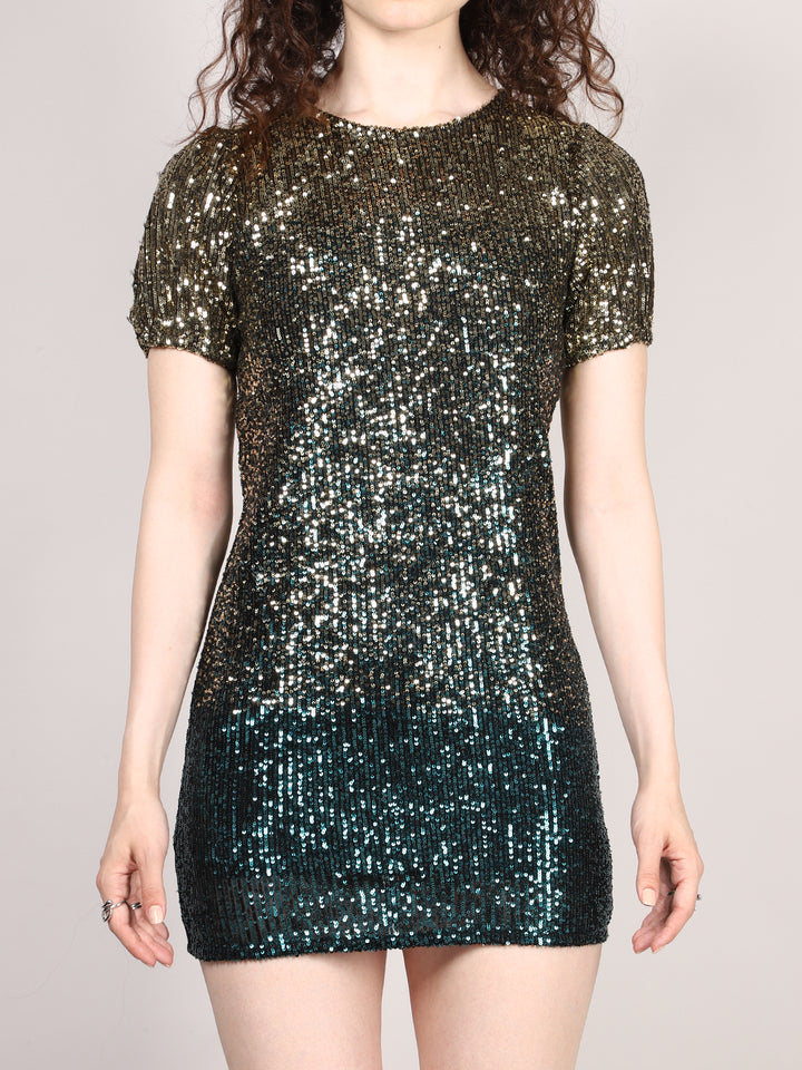 Green Sequins Puff Sleeve Mini Dress
