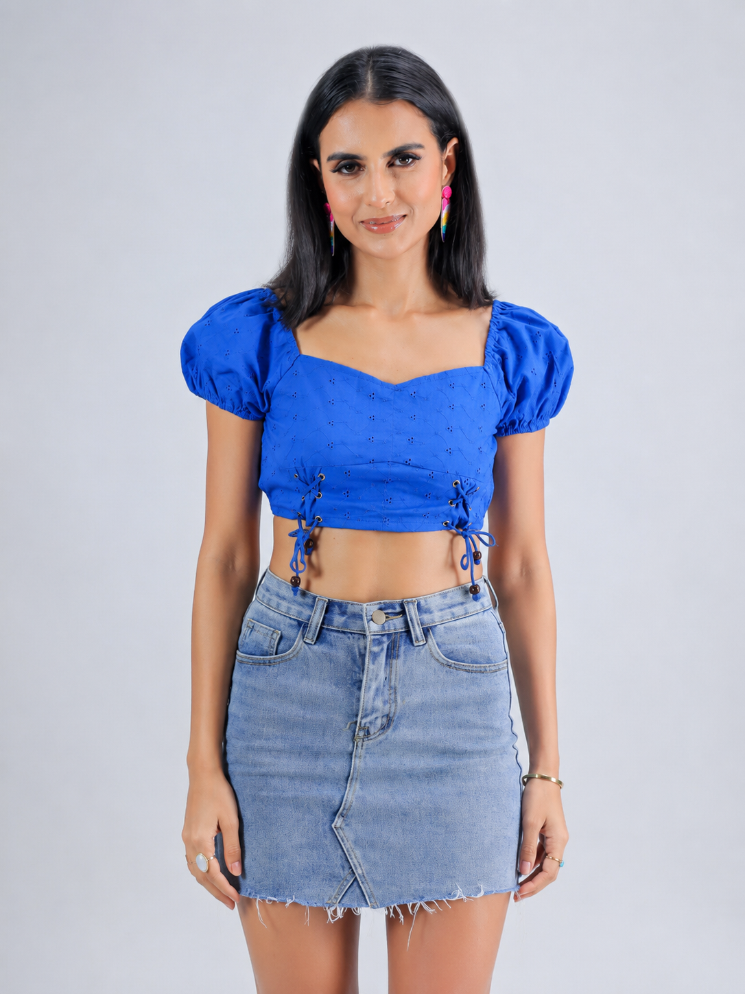 Blue Schiffli Puff Sleeve Crop Top
