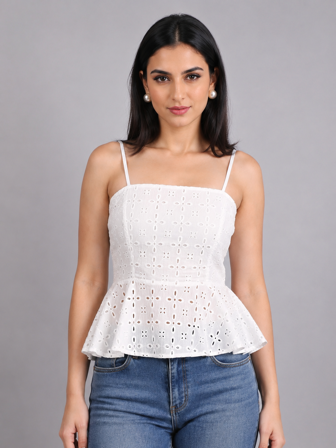 White Schiffli Peplum Top
