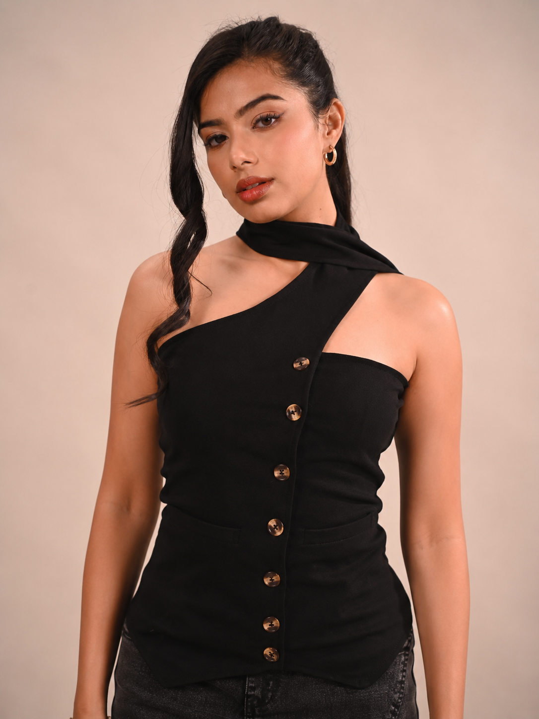 Black Button Top With Tie