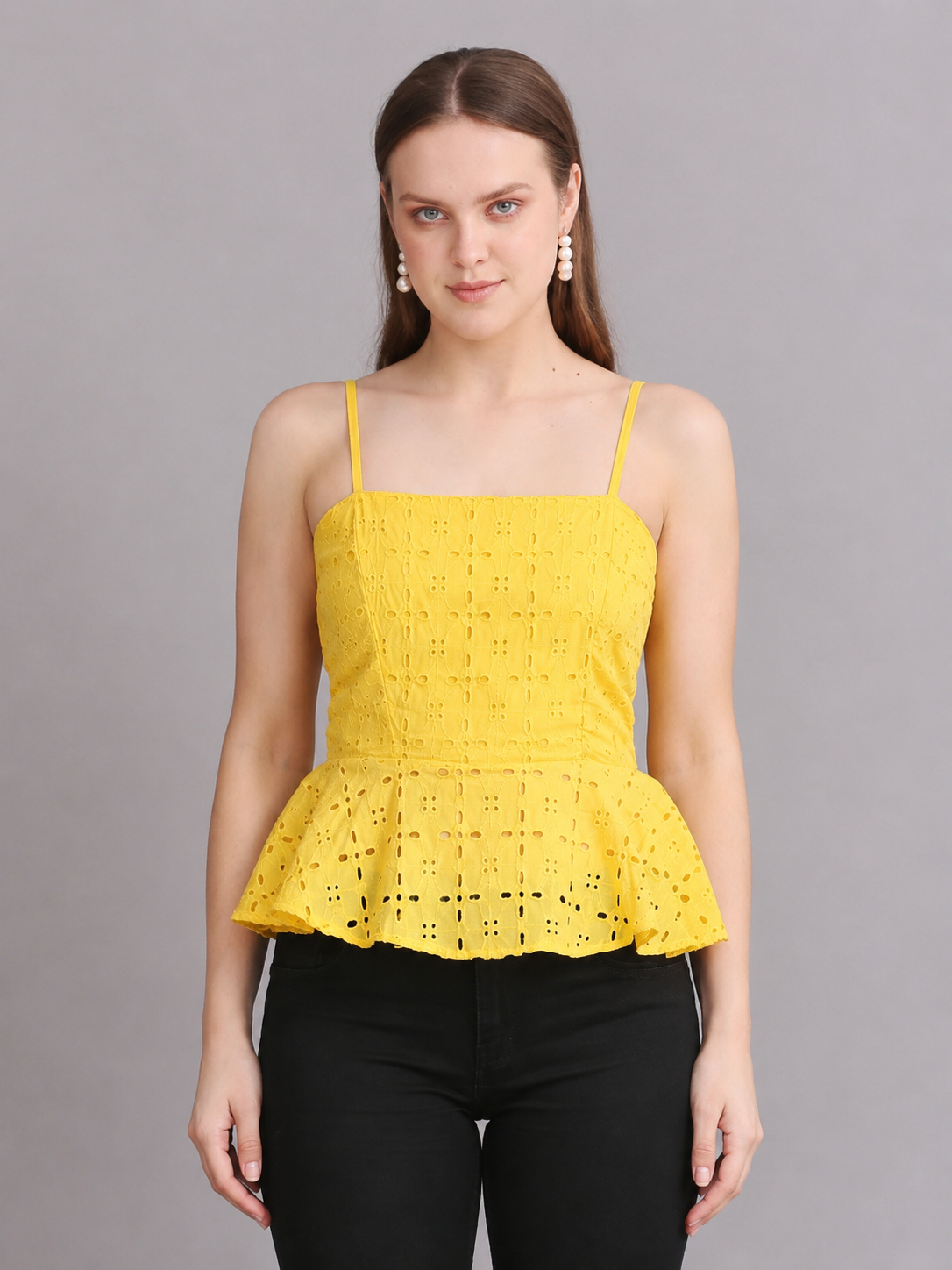 Yellow Schiffli Peplum Top