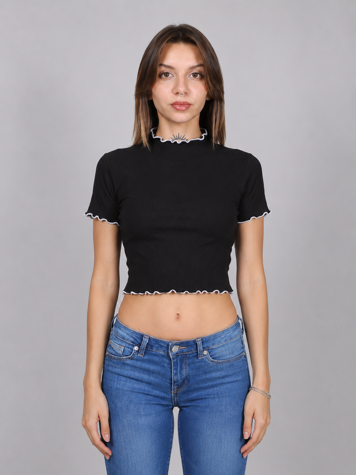 Black Half Sleeve Rib Crop Top
