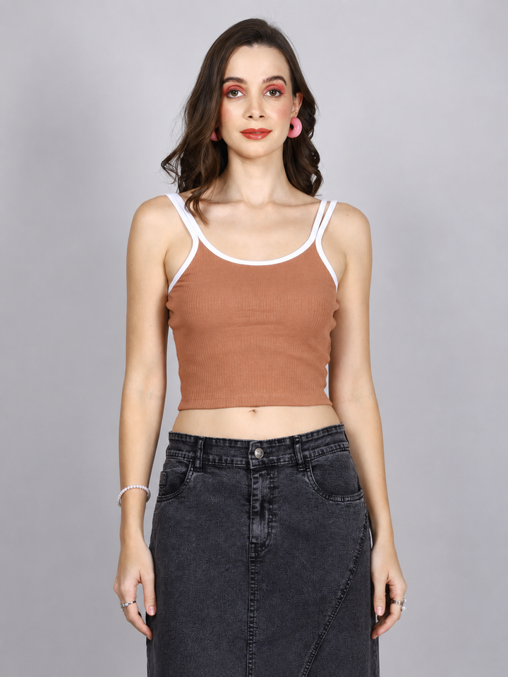 Brown And White Rib Tank Top
