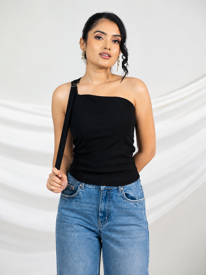 Black One Shoulder D Ring Top
