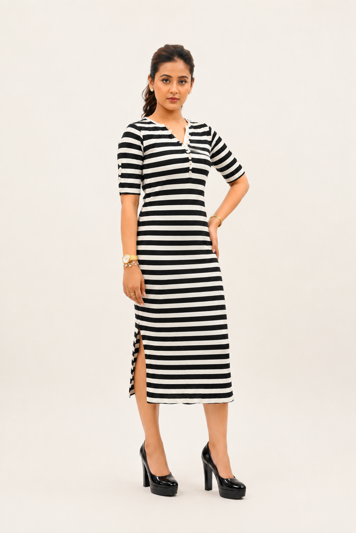 Stripe Pearl detail bodycon dress