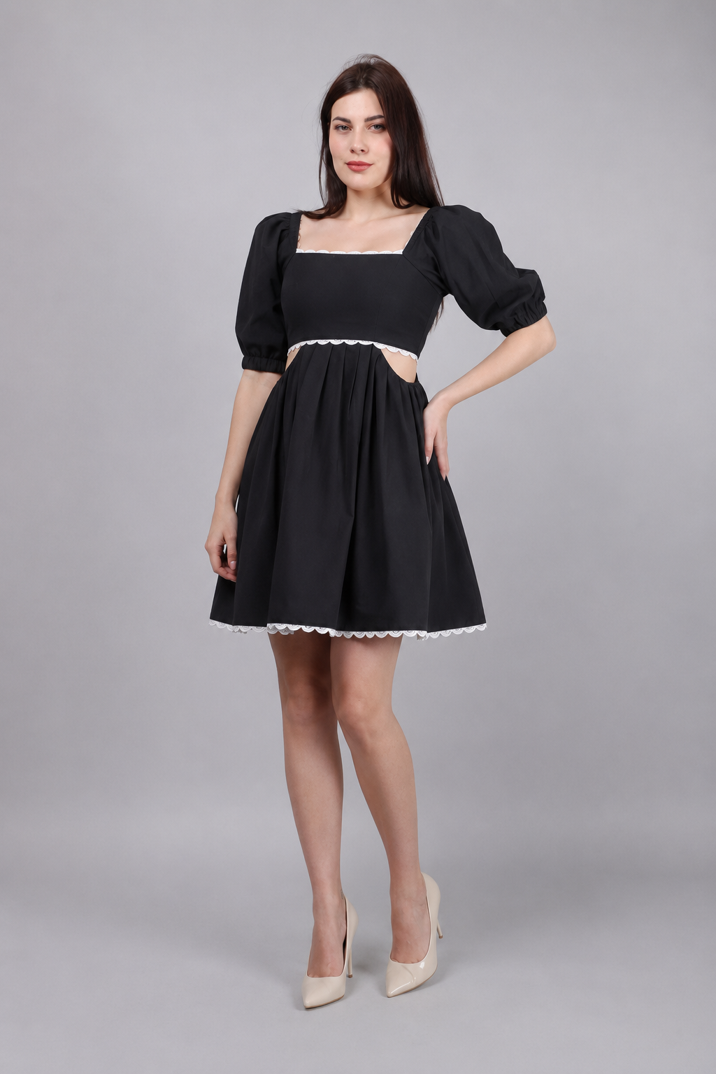 Black Waist Cut Out Lace Dress