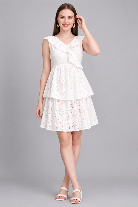 White Schiffli Back Knot Mini Dress