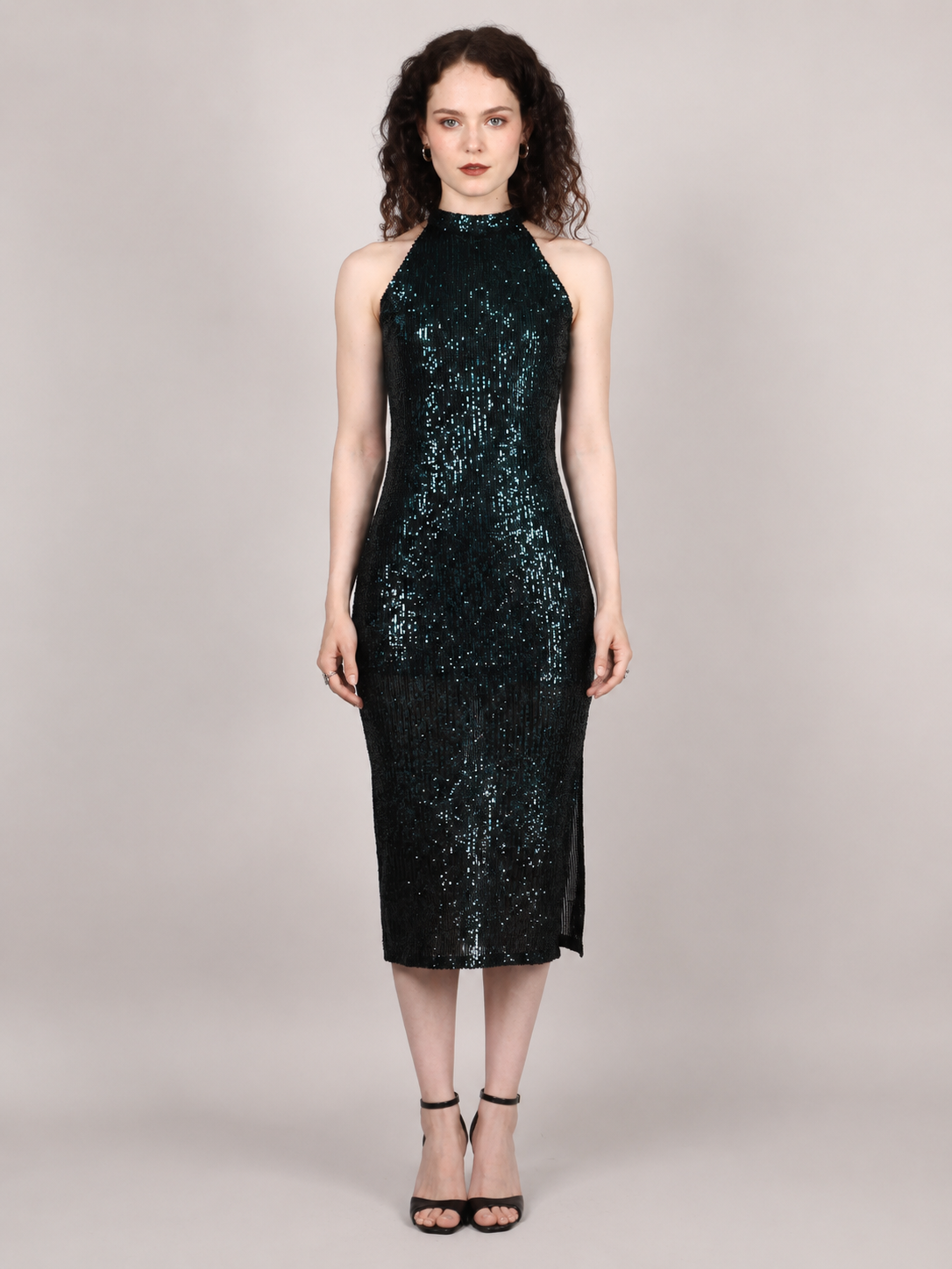 Black And Green Sequins Halter Neck Midi Dress