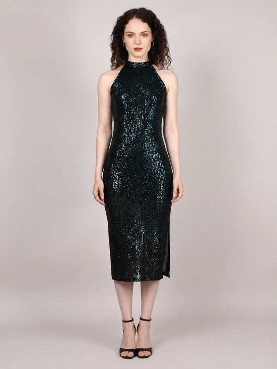 Black And Green Sequins Halter Neck Midi Dress