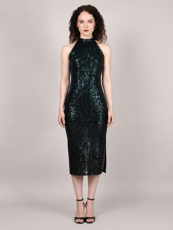 Black And Green Sequins Halter Neck Midi Dress