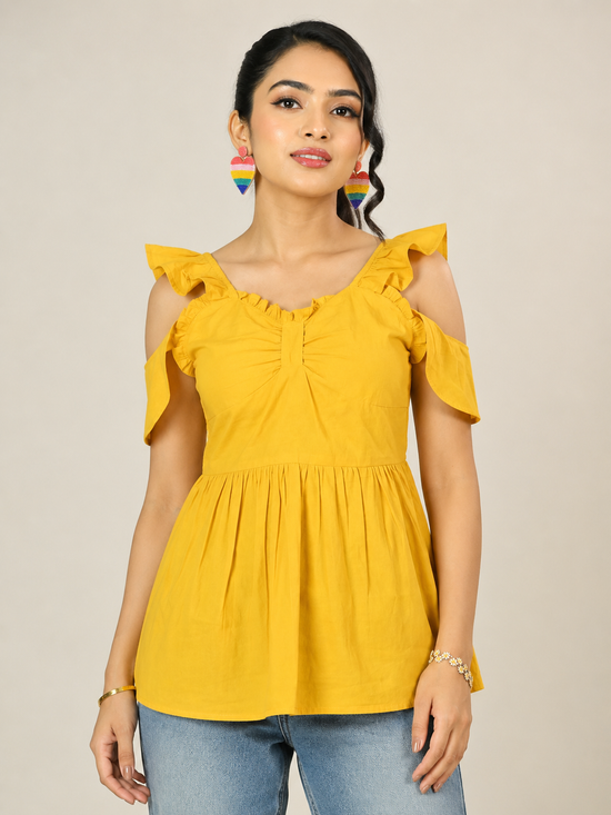 Yellow Frill Sleeve Peplum Top