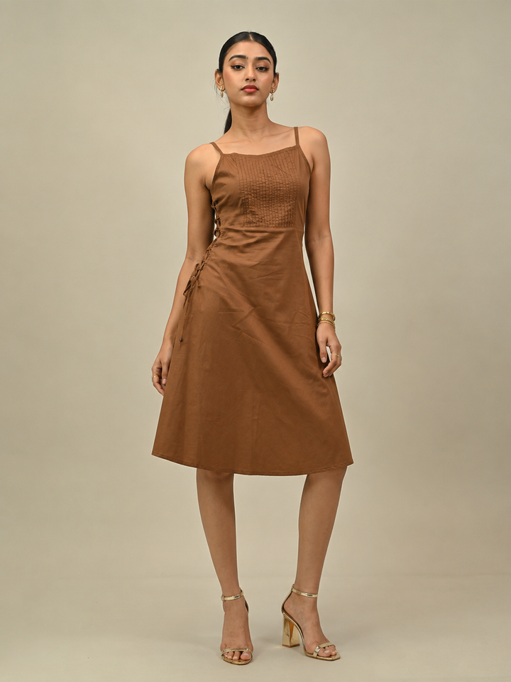 Brown Front Pleated Midi Dress