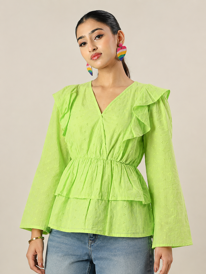 Green Schiffli Peplum Top