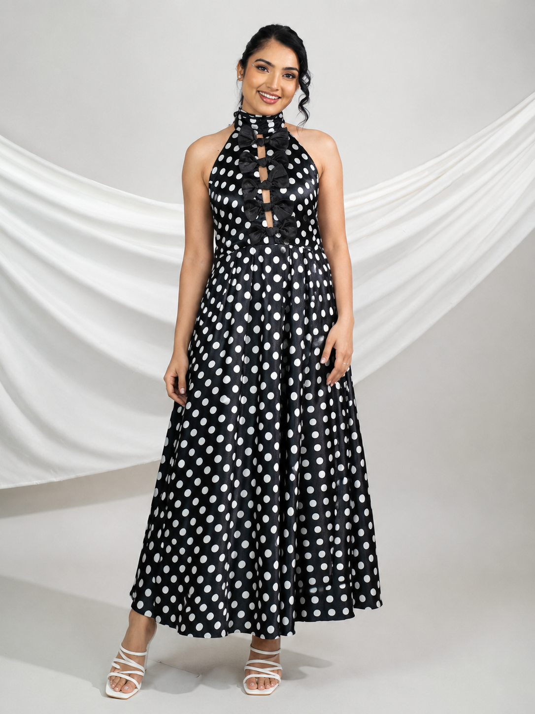 Polka Halter- Neck Bow Midi Dress