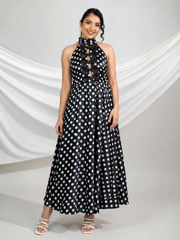 Polka Halter- Neck Bow Midi Dress