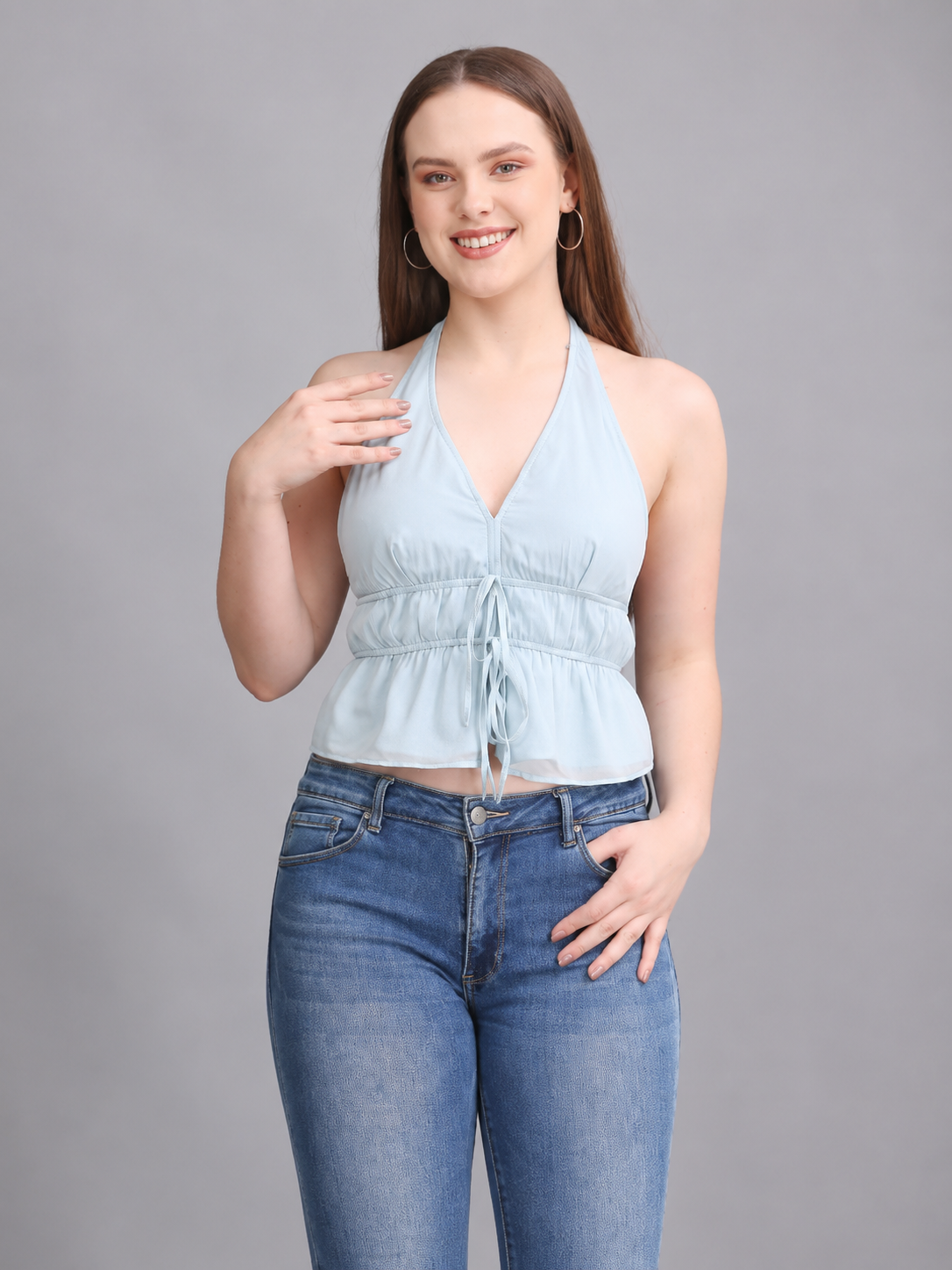 Ice Blue Halter Neck Crop Tie Top