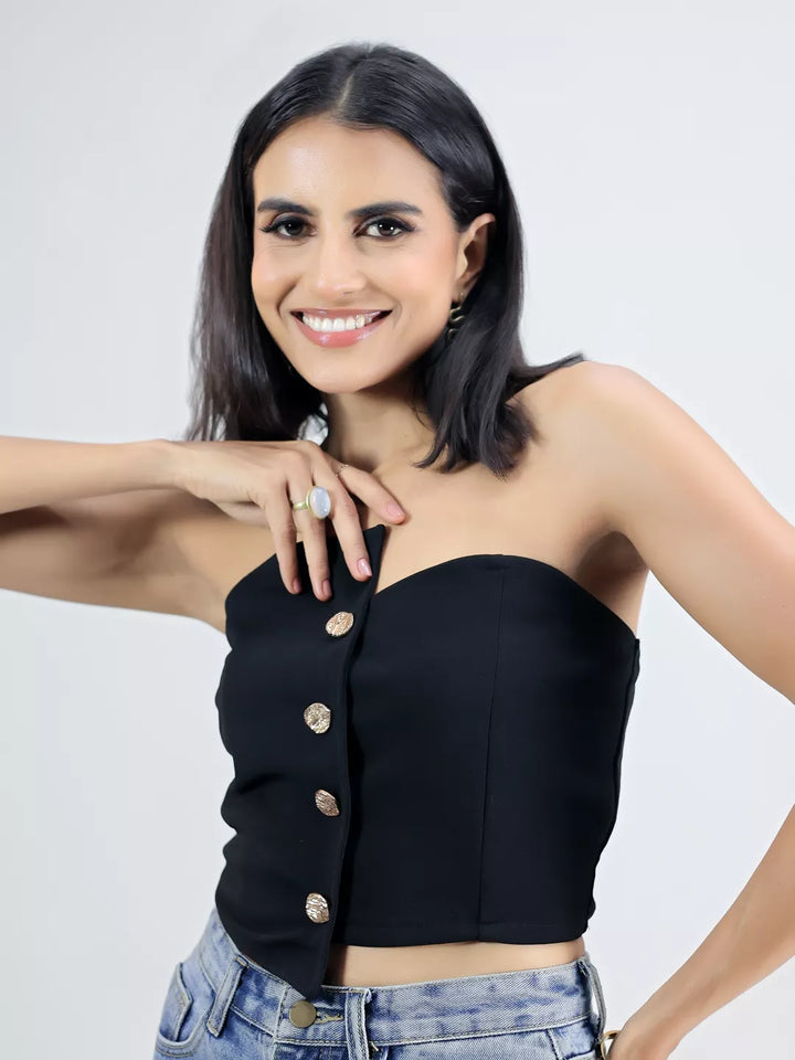 Black Button Crop Top