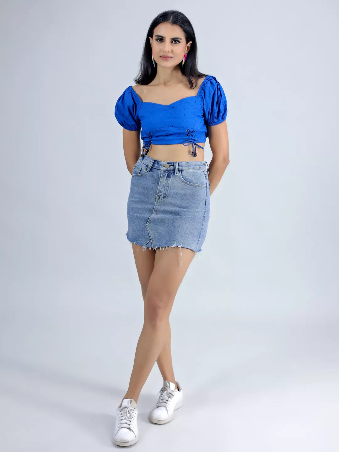 Blue Schiffli Puff Sleeve Crop Top