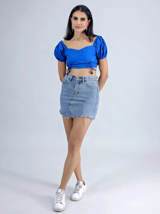 Blue Schiffli Puff Sleeve Crop Top