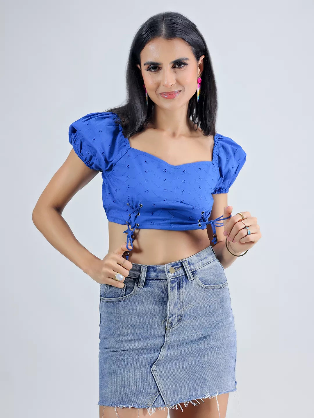 Blue Schiffli Puff Sleeve Crop Top