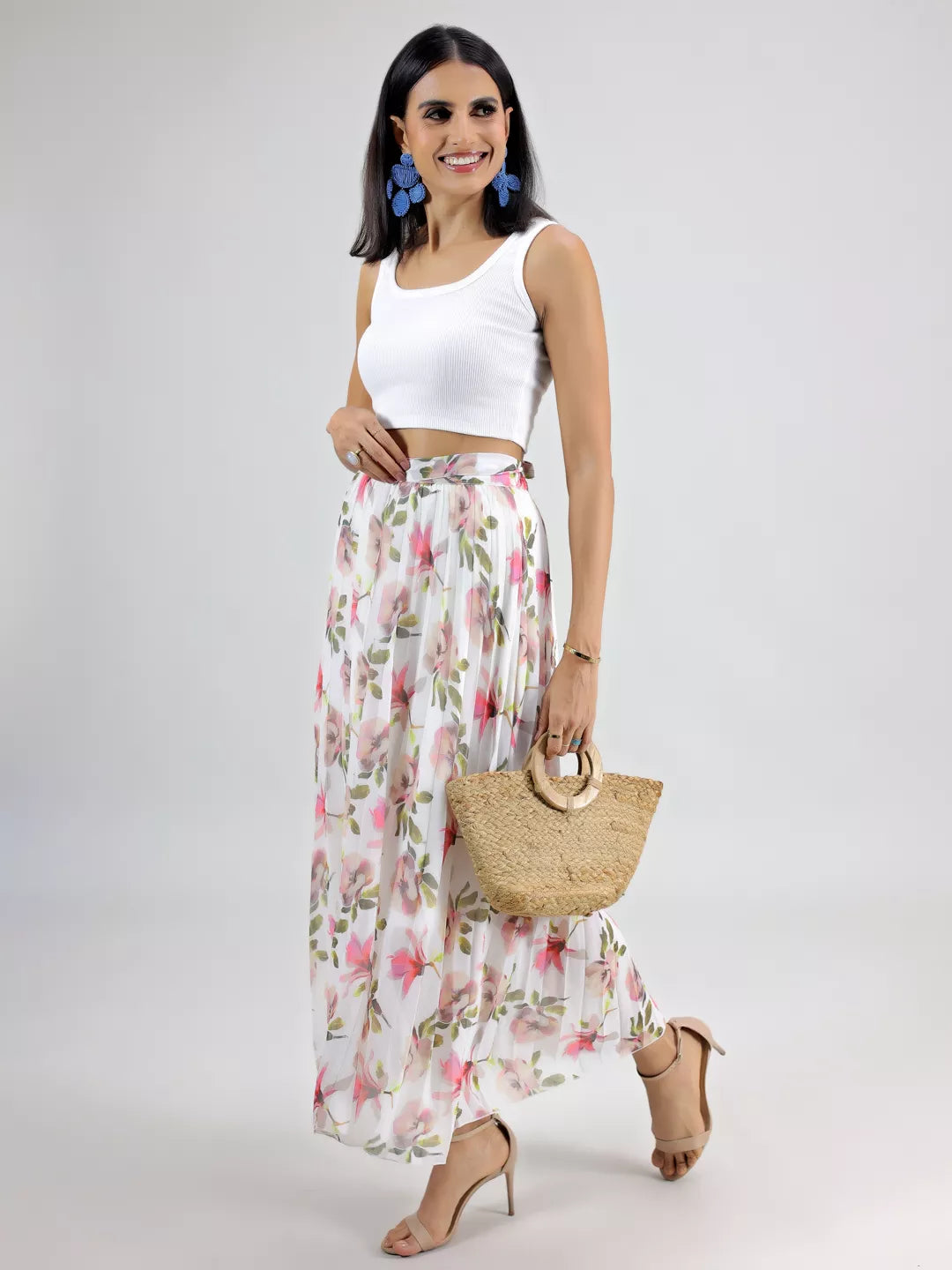 White Printed Plated Skirt