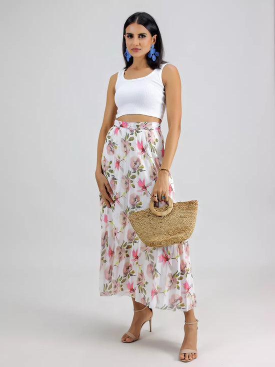 White Printed Plated Skirt