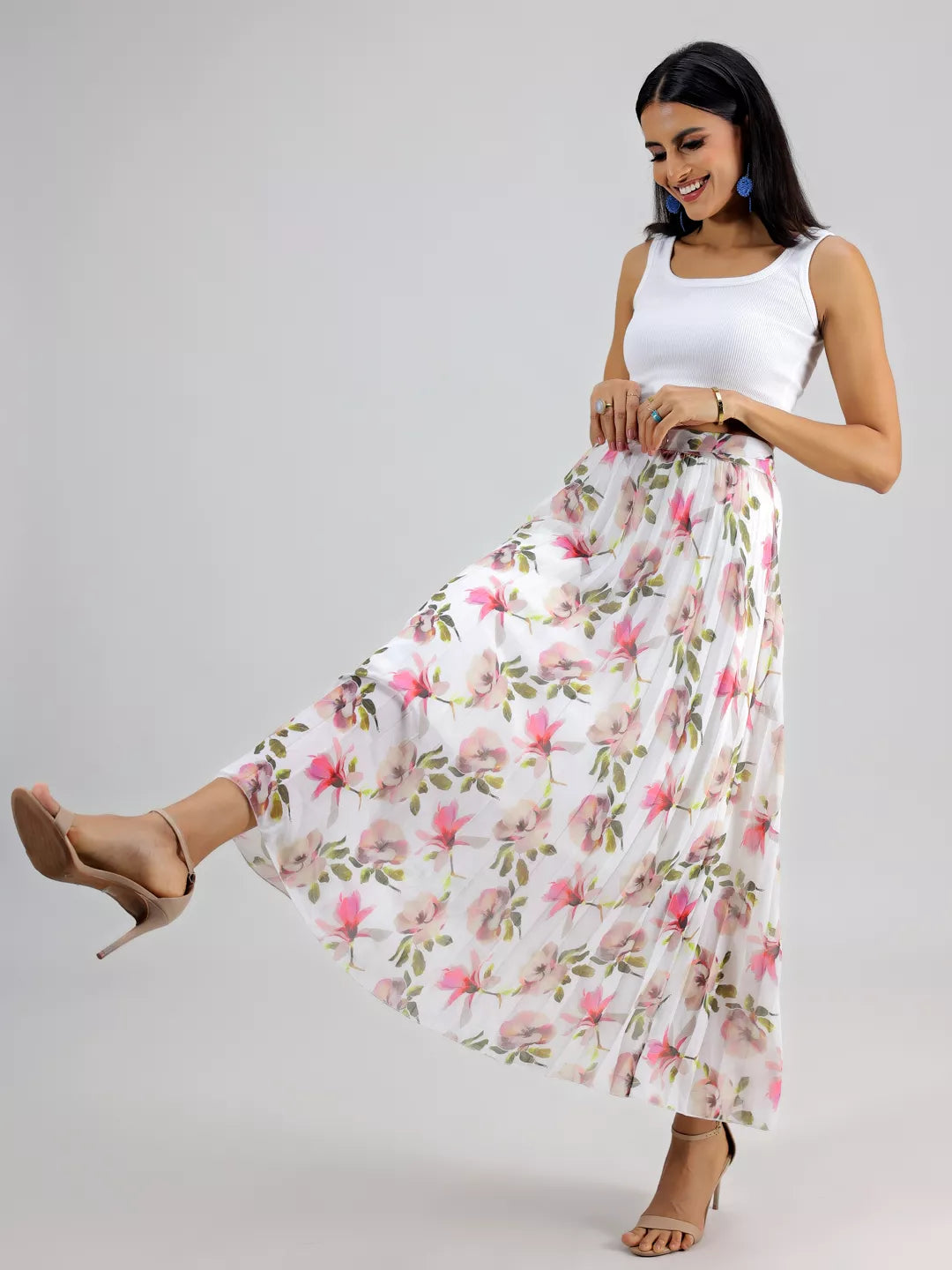 White Printed Plated Skirt