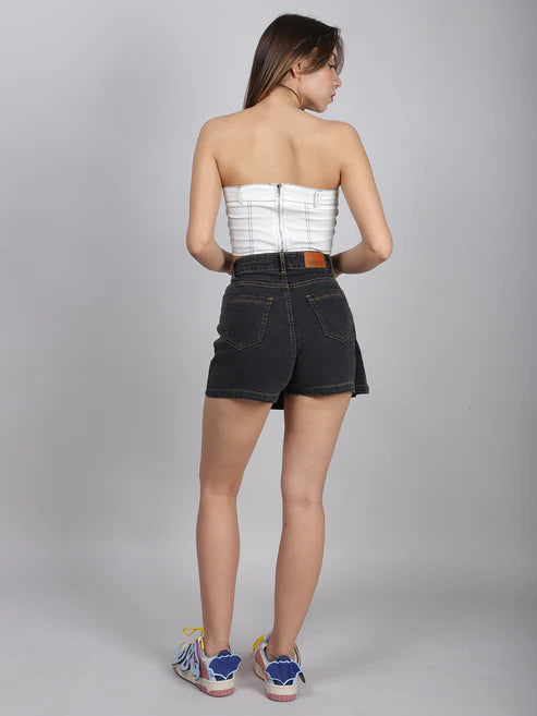 Black Denim Pleated Shorts