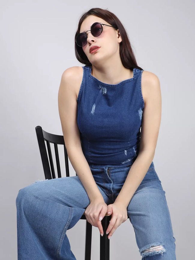Boat Neck Rugged Denim Top Main Image