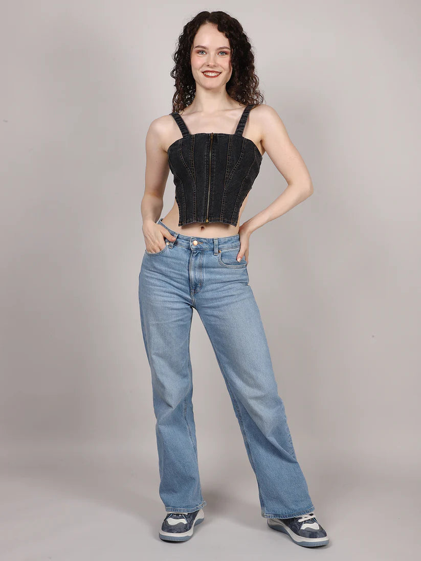 Zip Up Slleveless Denim Crop Top